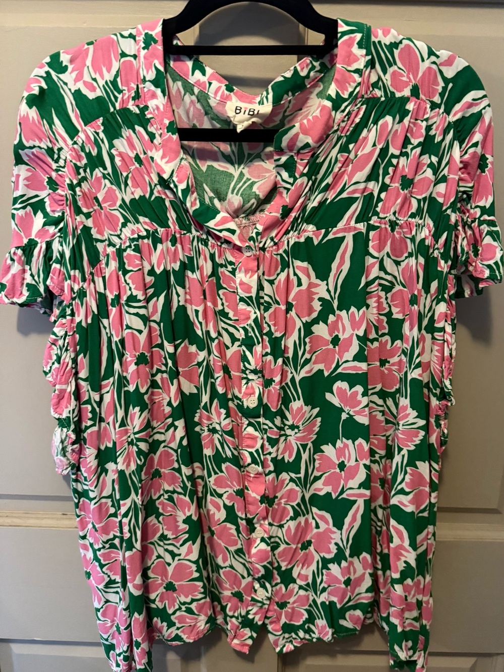 BiBi Pink and Green Floral Button-Up Blouse
